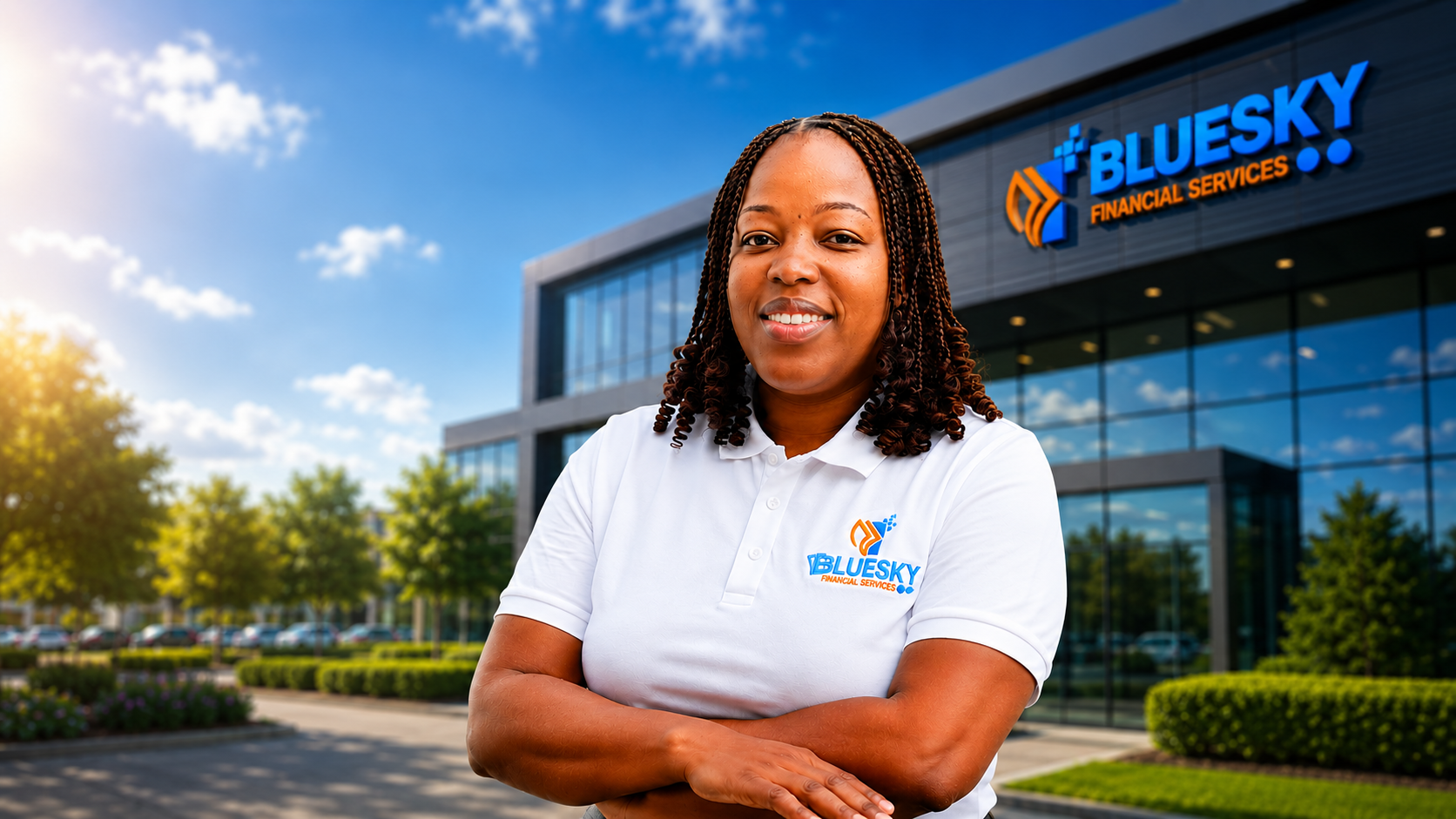 A BlueSky consultant standing in front of a modern branch building, cropped to keep the focus above the hands